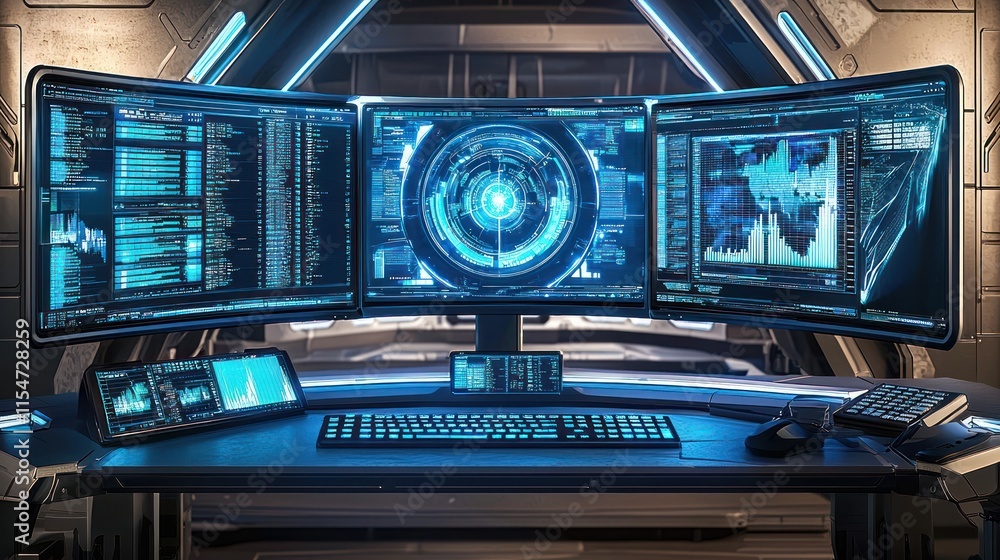 Obraz premium Futuristic workspace with triple monitor setup displaying data and code.