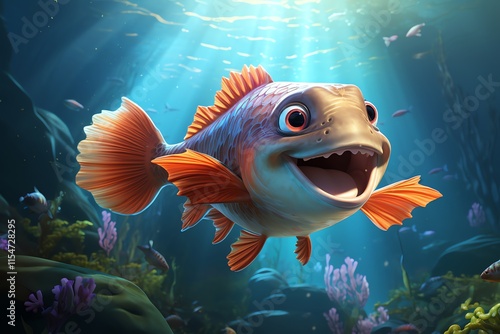Happy cartoon fish swimming underwater. (1)