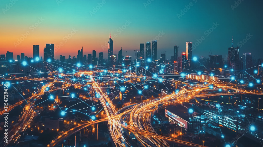 Fototapeta premium Smart digital Innovation city with connection network reciprocity over the cityscape. of future smart wireless city and social media networking systems that connects business people with in city