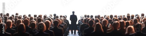 Crowded Auditorium: Audience Listening to Speaker on Stage with White Screen. Business Conference or Seminar Scene from Rear View. Abstract Marketing Background for Corporate Events and Professional P