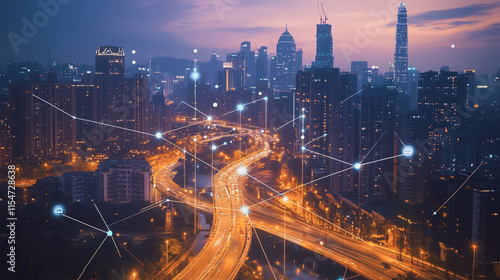 Wallpaper Mural Smart digital Innovation city with connection network reciprocity over the cityscape. of future smart wireless city and social media networking systems that connects business people with in city Torontodigital.ca