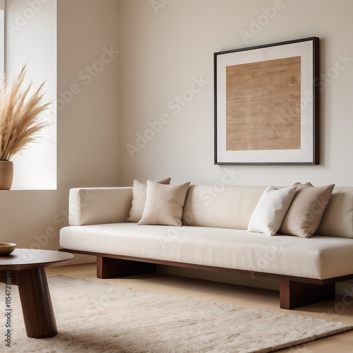 Minimalist interior design of Scandinavian Boho living room background, home interior mockup