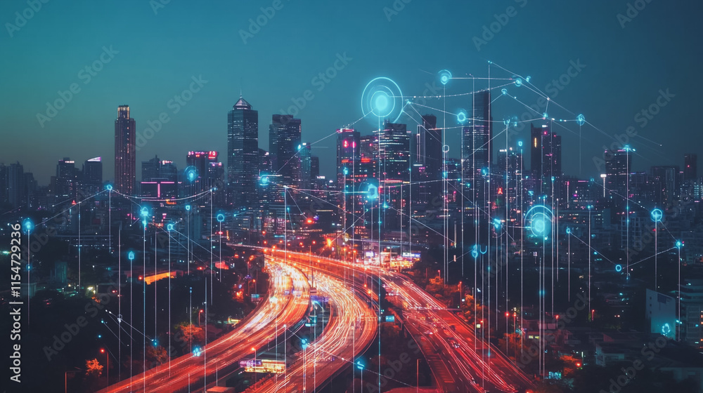 Fototapeta premium Smart digital Innovation city with connection network reciprocity over the cityscape. of future smart wireless city and social media networking systems that connects business people with in city