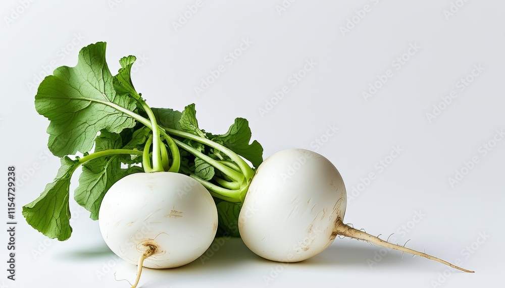 Fresh White Daikon Radish with Green Leaves on Light Background for Culinary and Health Themes Fresh White Daikon Radish with Green Leaves on Light Background for Culinary and Health Themes