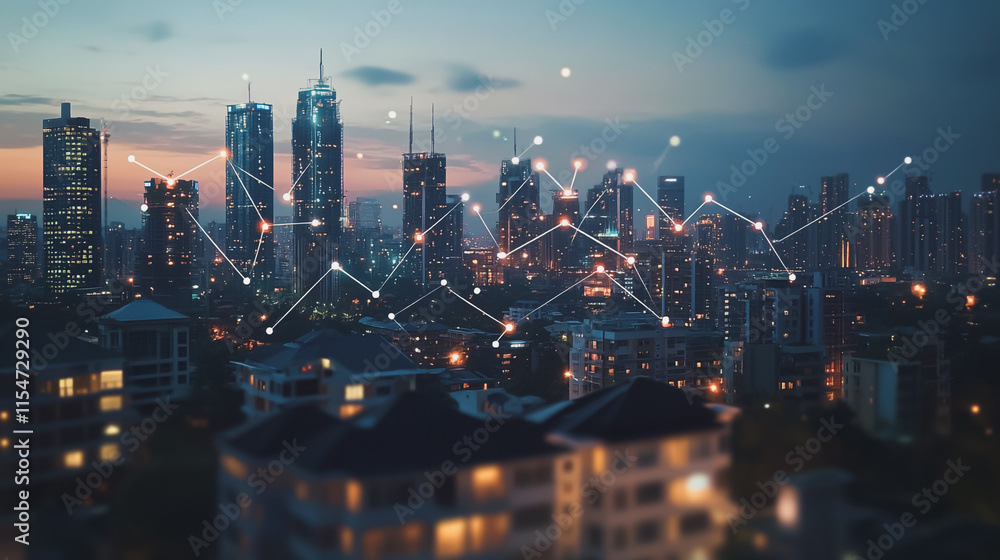 Fototapeta premium Smart digital Innovation city with connection network reciprocity over the cityscape. of future smart wireless city and social media networking systems that connects business people with in city