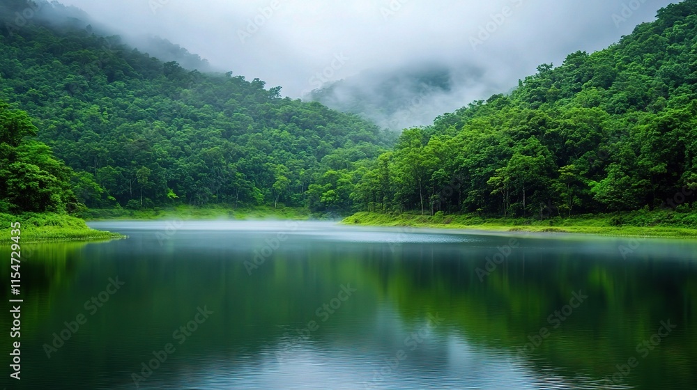 Aerial Perspective of a Serene Lake Surrounded by Lush Greenery Aerial Perspective of a Serene Lake Surrounded by Lush Greenery