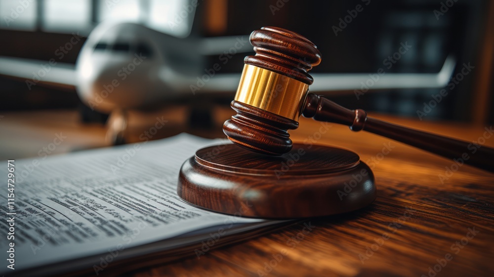 Gavel on documents with an airplane in background. Gavel on documents with an airplane in background.