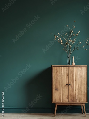 Wallpaper Mural Wooden Cabinet Against Dark Green Wall With Dried Flowers Torontodigital.ca