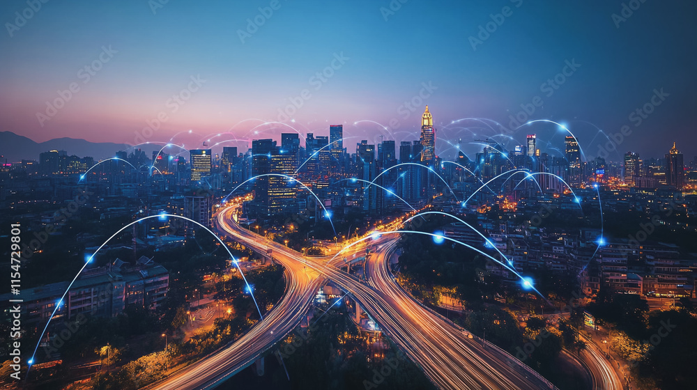 Fototapeta premium Smart digital Innovation city with connection network reciprocity over the cityscape. of future smart wireless city and social media networking systems that connects business people with in city