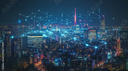 Wallpaper Mural Smart digital Innovation city with connection network reciprocity over the cityscape. of future smart wireless city and social media networking systems that connects business people with in city Torontodigital.ca