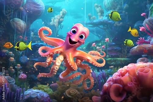 Happy cartoon octopus in vibrant coral reef.