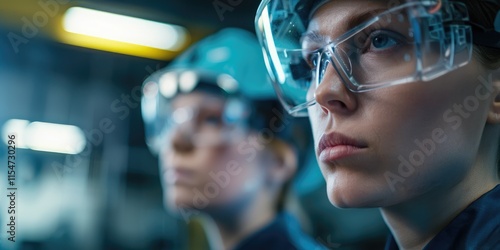 Two women in safety gear focus intently on their work in an industrial setting, showcasing determination and professionalism. photo