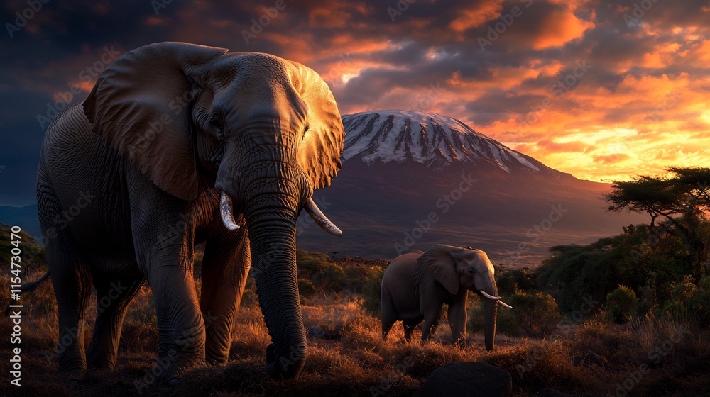 Fototapeta premium Majestic African Elephants at Sunset with Mount Kilimanjaro in Background