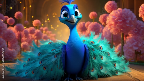 Happy cartoon peacock in flower garden.