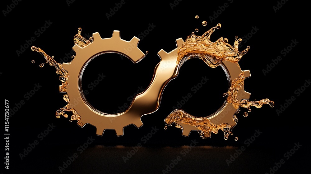 Golden gears interlocked forming infinity symbol, splashed with liquid. Golden gears interlocked forming infinity symbol, splashed with liquid.