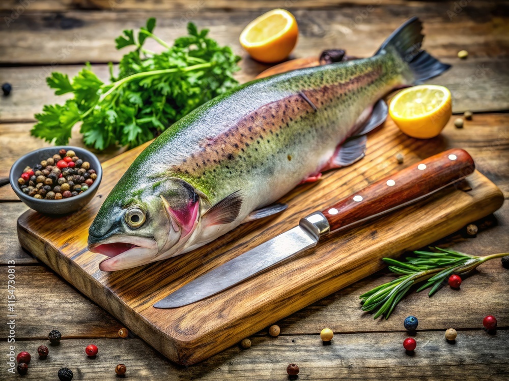 Pan-seared rainbow trout, a culinary masterpiece. Close-up, showcasing vibrant colors. Pan-seared rainbow trout, a culinary masterpiece. Close-up, showcasing vibrant colors.