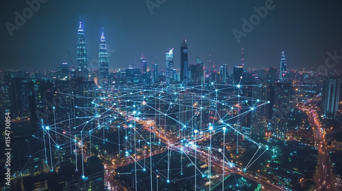 Wallpaper Mural Smart digital Innovation city with connection network reciprocity over the cityscape. of future smart wireless city and social media networking systems that connects business people with in city Torontodigital.ca