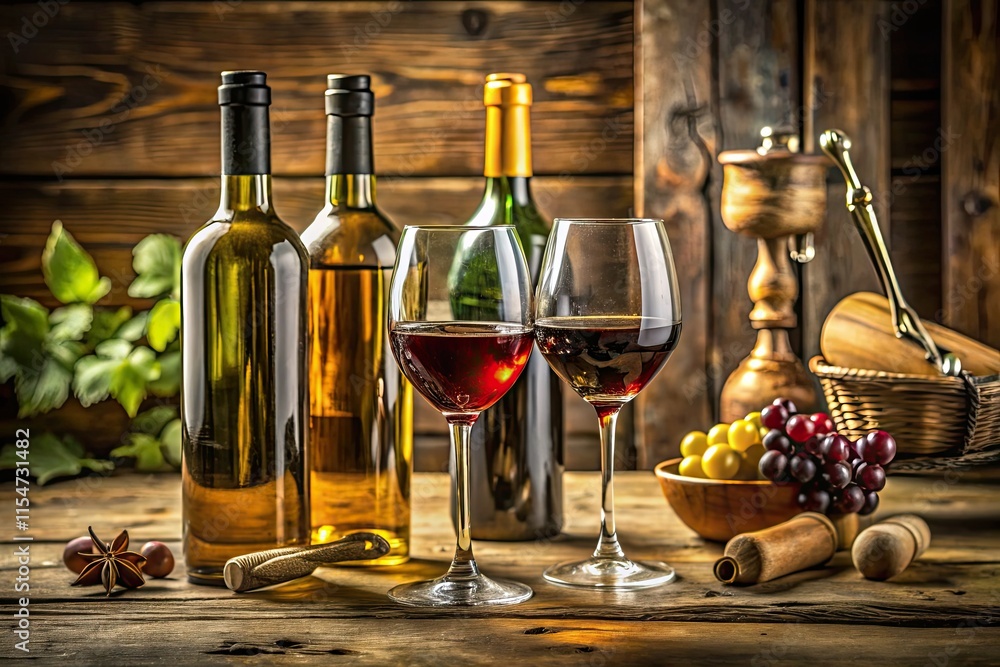 Obraz premium Rustic elegance meets vintage wine: high-resolution still life photography showcasing grape harvest, cellar setting, and tasting moments.
