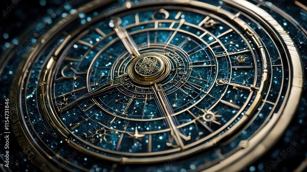 Astrological timepiece mystic realm digital art cosmic atmosphere close-up view time and destiny