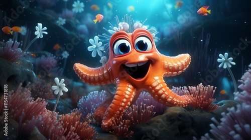 Happy cartoon starfish in ocean coral reef.
