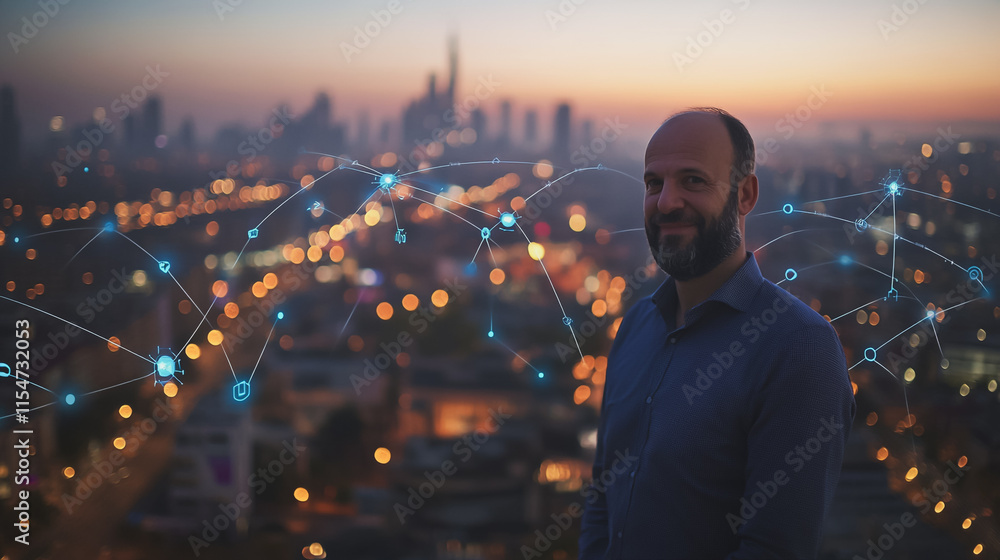 Fototapeta premium Smart digital Innovation city with connection network reciprocity over the cityscape. of future smart wireless city and social media networking systems that connects business people with in city