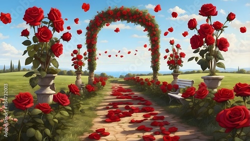 Fototapeta Naklejka Na Ścianę i Meble -  A path lined with red roses leading to a surprise picnic, holiday promo poster valentine day sale banner background, vibrant colors, romantic love and harmony

