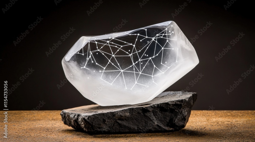 Artistic crystal sculpture displayed on dark stone base modern art gallery photography minimalist environment close-up view Artistic crystal sculpture displayed on dark stone base modern art gallery photography minimalist environment close-up view