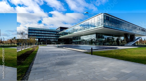 modern glass office building with solar panels - sustainable archit. photo