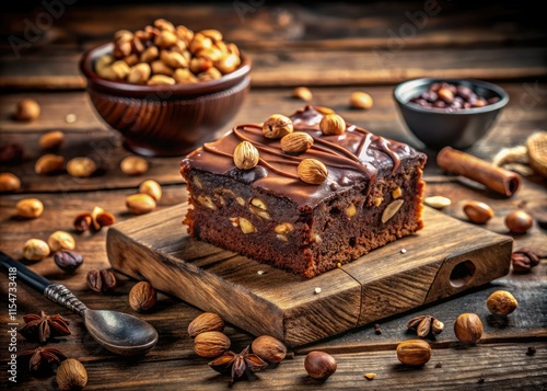 Surreal chocolate brownie cake with nuts: a delectable dream, beautifully photographed.
