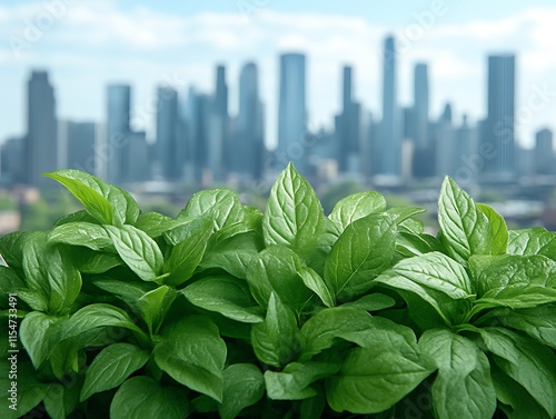 Lush Green Leaves Against City Skyline Background photo