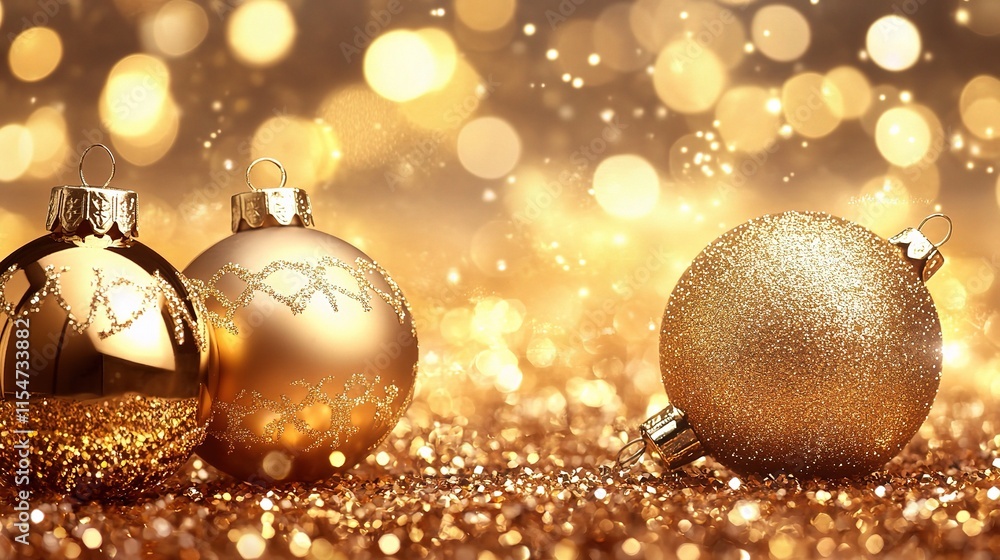 Golden Christmas Ornaments with Bokeh Background Effects Golden Christmas Ornaments with Bokeh Background Effects
