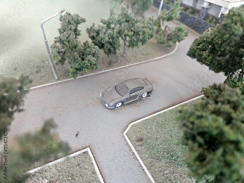 Toy car mockup displayed on a miniature building courtyard, showcasing intricate details and realistic design in a scaled down urban setting photo