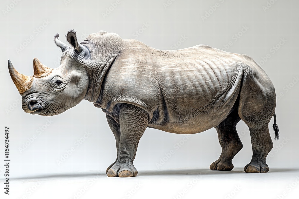 Fototapeta premium A detailed model of a rhinoceros showcasing its distinctive features and muscular build against a neutral background.