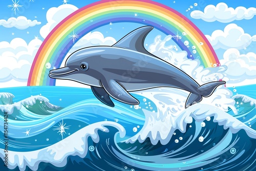 Happy dolphin leaping over ocean waves under a rainbow.