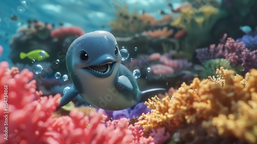 Happy dolphin swimming in vibrant coral reef.