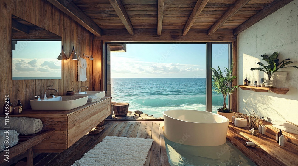 Fototapeta premium Luxurious Coastal Bathroom Design Ocean View Wooden Decor Relaxation