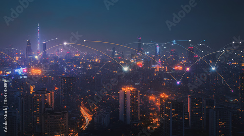 Wallpaper Mural Smart digital Innovation city with connection network reciprocity over the cityscape. of future smart wireless city and social media networking systems that connects business people with in city Torontodigital.ca