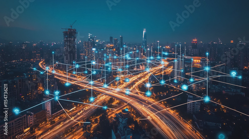 Wallpaper Mural Smart digital Innovation city with connection network reciprocity over the cityscape. of future smart wireless city and social media networking systems that connects business people with in city Torontodigital.ca