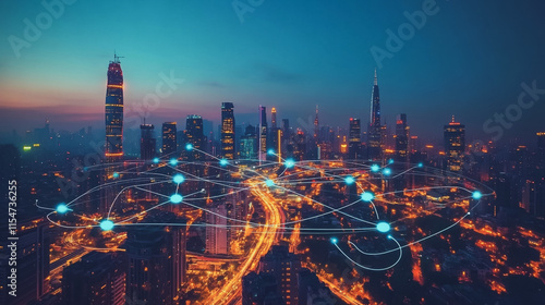 Wallpaper Mural Smart digital Innovation city with connection network reciprocity over the cityscape. of future smart wireless city and social media networking systems that connects business people with in city Torontodigital.ca