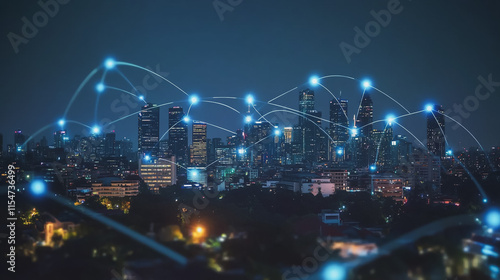 Smart digital Innovation city with connection network reciprocity over the cityscape. of future smart wireless city and social media networking systems that connects business people with in city