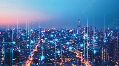 Wallpaper Mural Smart digital Innovation city with connection network reciprocity over the cityscape. of future smart wireless city and social media networking systems that connects business people with in city Torontodigital.ca