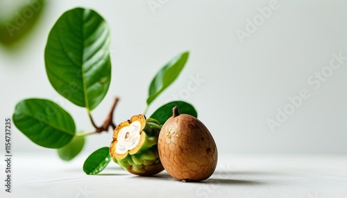 Fresh Sapodilla with Smooth Skin and Topaz Hue in Upscale Setting, Perfect for Food Photography photo