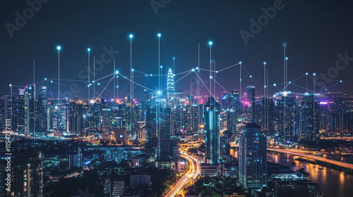 Wallpaper Mural Smart digital Innovation city with connection network reciprocity over the cityscape. of future smart wireless city and social media networking systems that connects business people with in city Torontodigital.ca