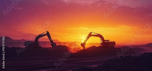 Excavators working at sunset, silhouetted against a colorful sky.