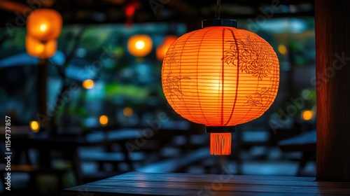 Orange paper lantern hanging in a restaurant, illuminated with warm light, blurred background of other lanterns and tables. photo