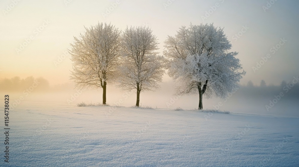 A serene winter landscape with three frosted trees under a soft, misty sky. A serene winter landscape with three frosted trees under a soft, misty sky.
