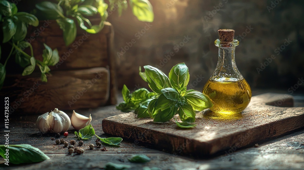 Olive oil bottle, basil, garlic, peppercorns on rustic wooden board. Olive oil bottle, basil, garlic, peppercorns on rustic wooden board.