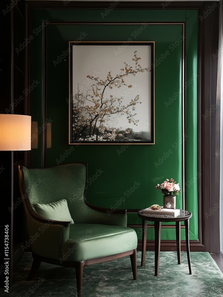Fototapeta premium Elegant Green Room Featuring Armchair Artwork And Side Table