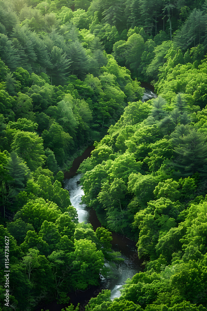 Aerial View of Serene River Meandering through Lush Forest, Capturing Natural Beauty and Tranquility Aerial View of Serene River Meandering through Lush Forest, Capturing Natural Beauty and Tranquility