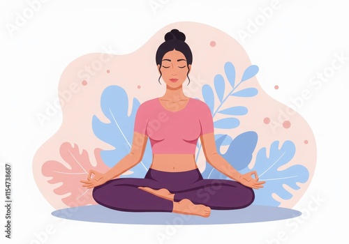 Yoga meditation illustration peaceful woman in lotus pose pink and purple outfit floral background